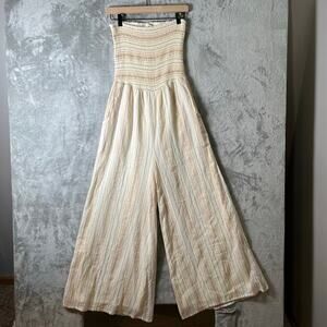 Altar'd State Strapless Cream Smocked Wide-Leg Jumpsuit with Pastel Stripes